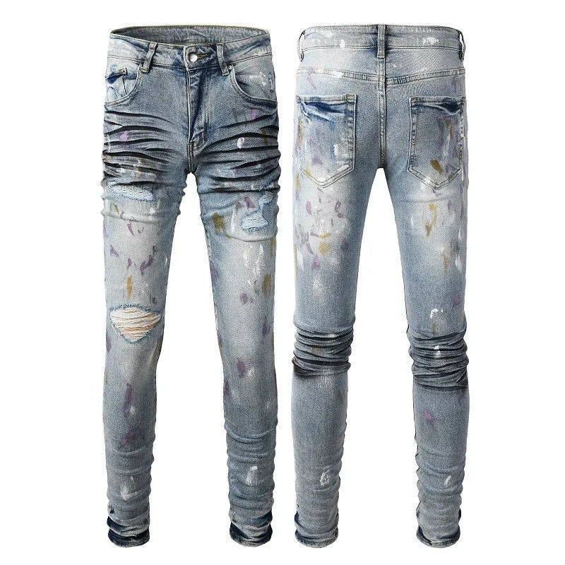 Men's light blue ripped slim fit jeans with tapered leg, double layer belt and zipper fly, sizes 28-40.