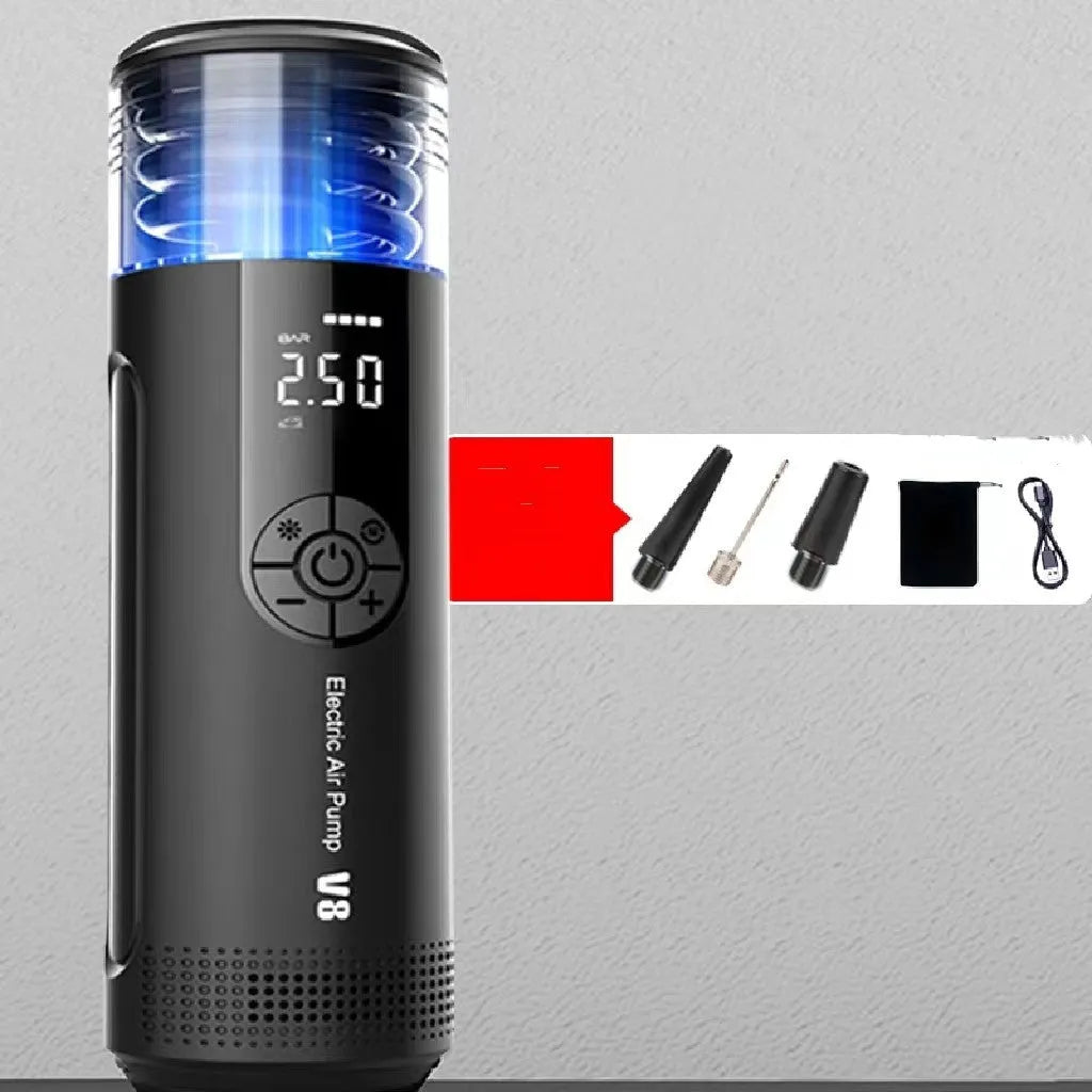CS-V8 black digital electric tyre inflator with LED screen, connected to a car tyre valve.