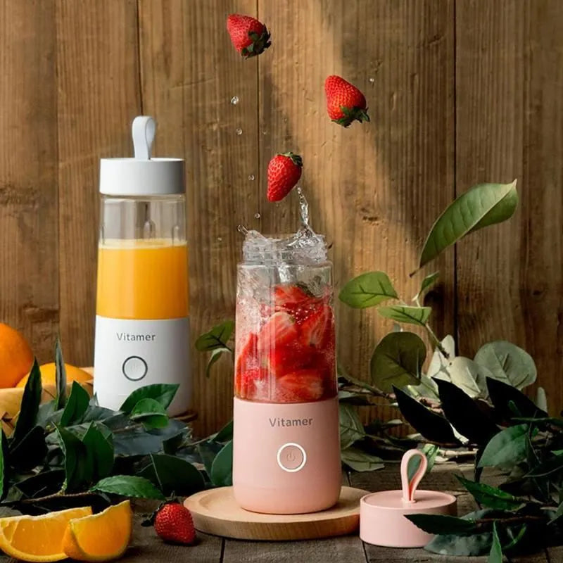 White portable USB rechargeable blender bottle with silicone carrying ring, 350ml capacity.