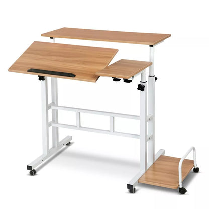 Mobile Computer Lifting Foldable Standing Desk in light walnut color