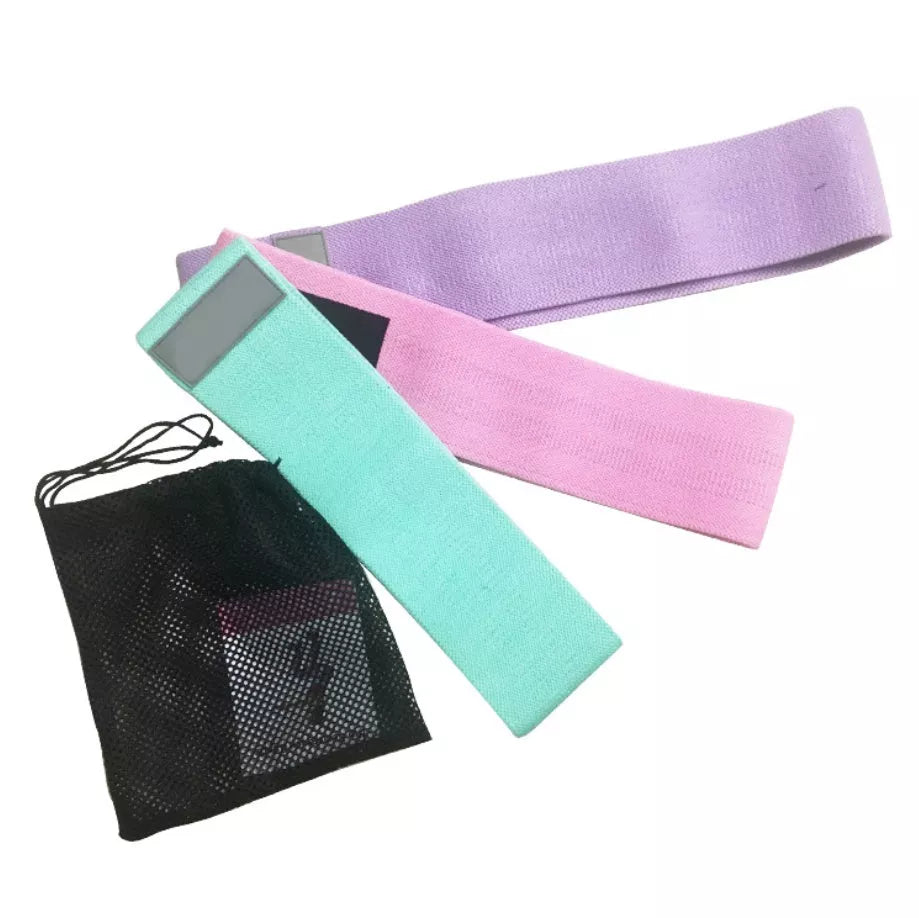 Latex mesh resistance band for hip and leg strength training in various colors and sizes