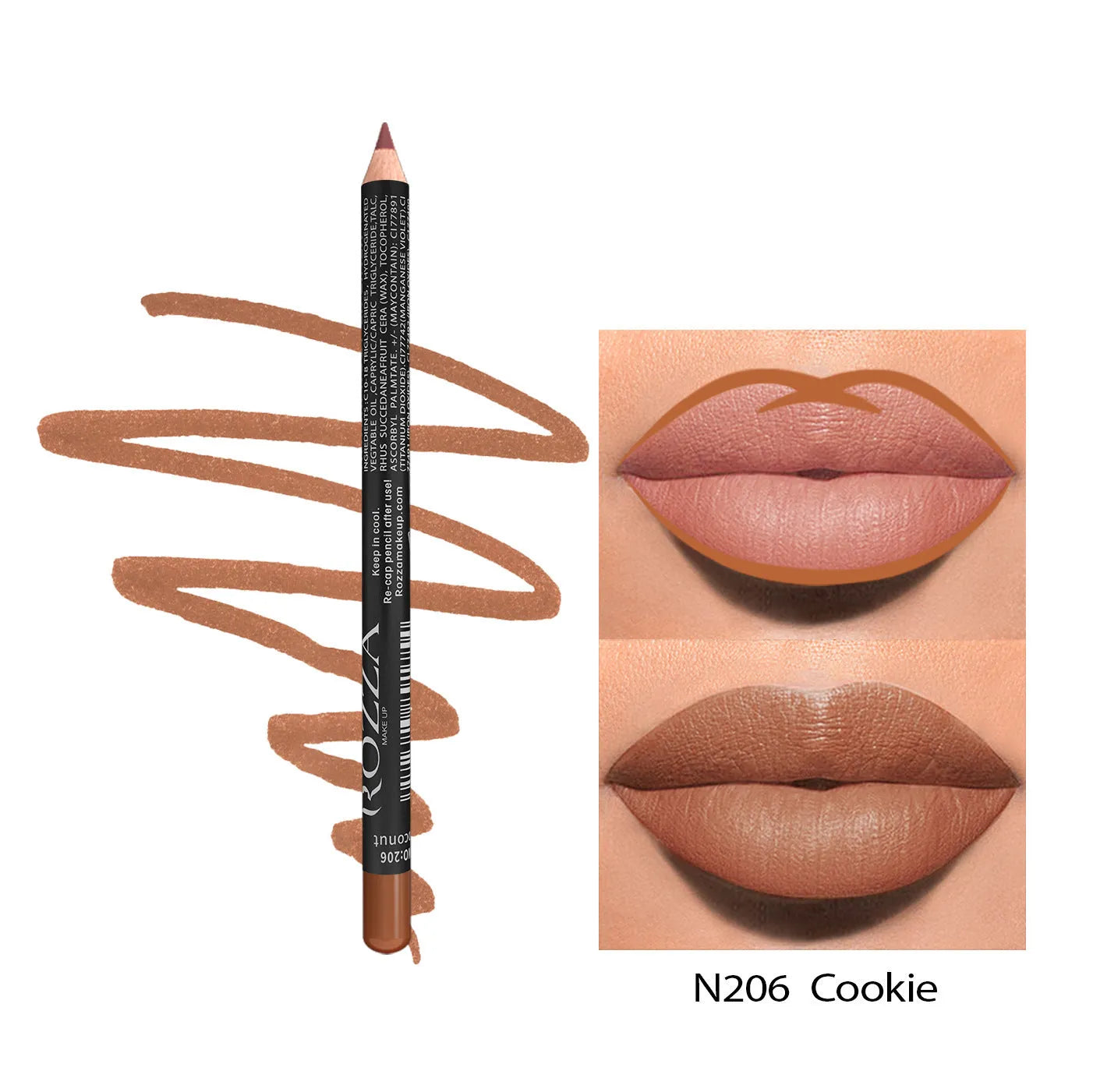 Matte lip liner pencil in wooden casing shown in shade range 201-214 on a white background