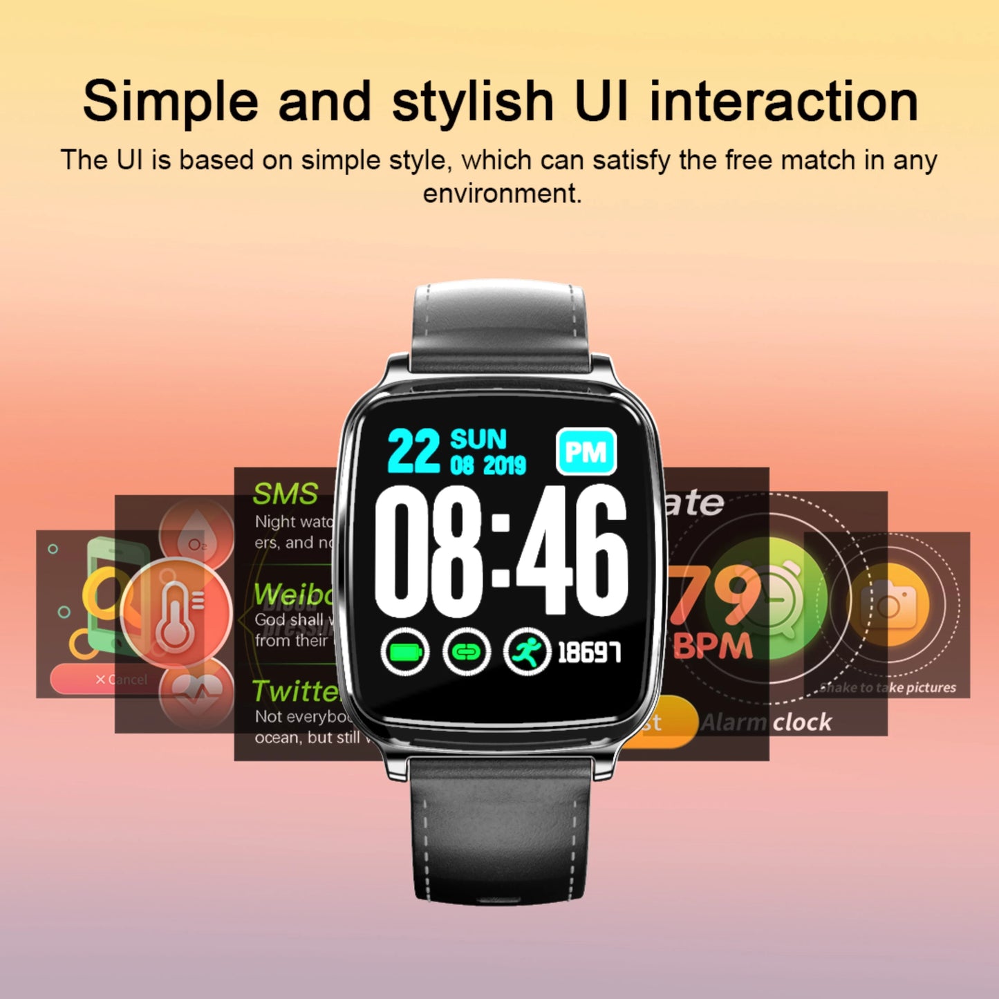 M8 smart bracelet showing zinc alloy body with 2.5D tempered glass screen displaying heart rate data