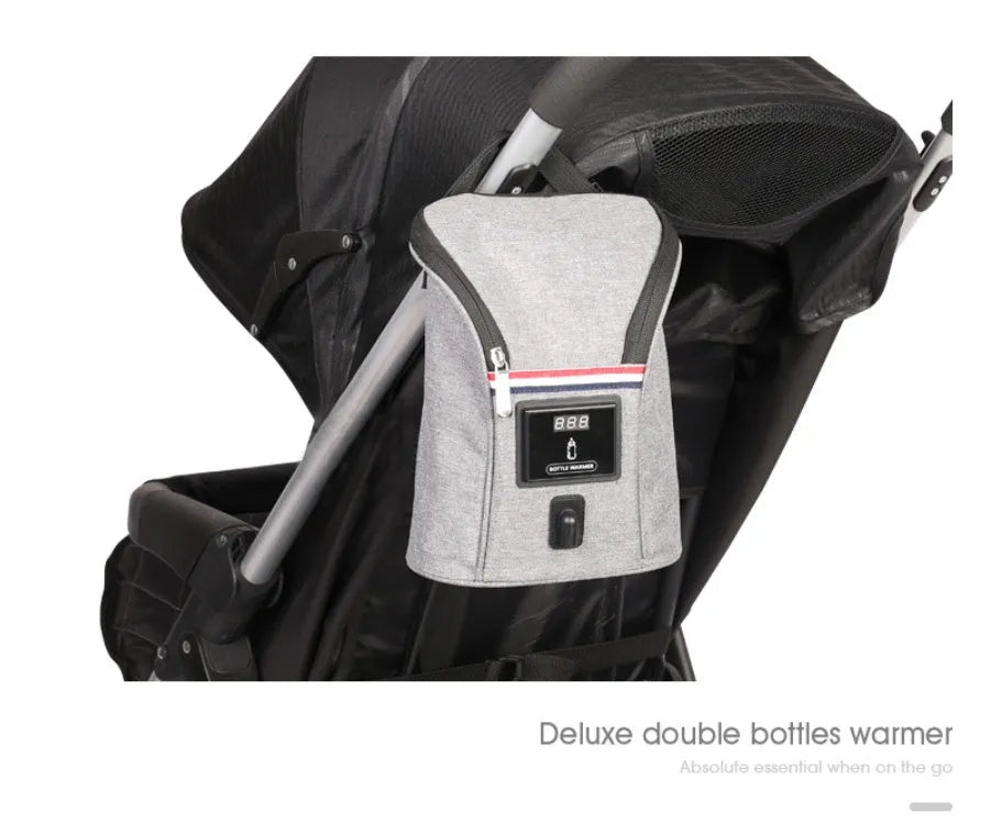 Grey Oxford cloth portable baby bottle warmer with electronic display for car USB charging