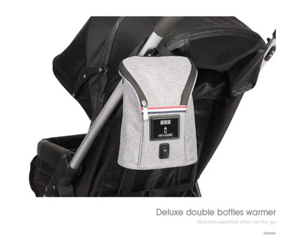 Grey Oxford cloth portable baby bottle warmer with electronic display for car USB charging