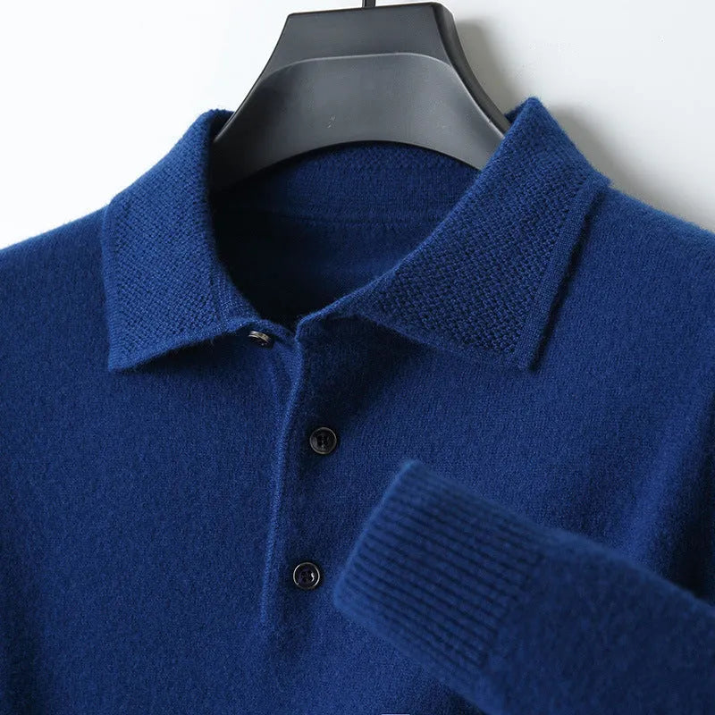 Men's wool sweater with a polo collar and long sleeves, shown in one of seven available colours.