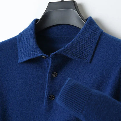 Men's wool sweater with a polo collar and long sleeves, shown in one of seven available colours.