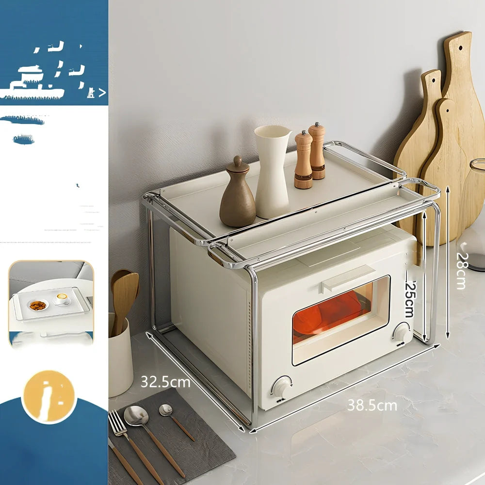 Korean style iron microwave shelf with plating finish and storage tray for kitchen organisation