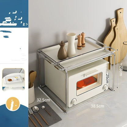 Korean style iron microwave shelf with plating finish and storage tray for kitchen organisation