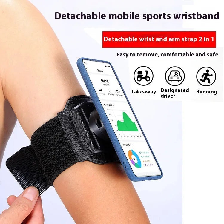 Black ABS PC mobile phone wrist strap holder for 4-7 inch smartphones, shown on a wrist for delivery or running.