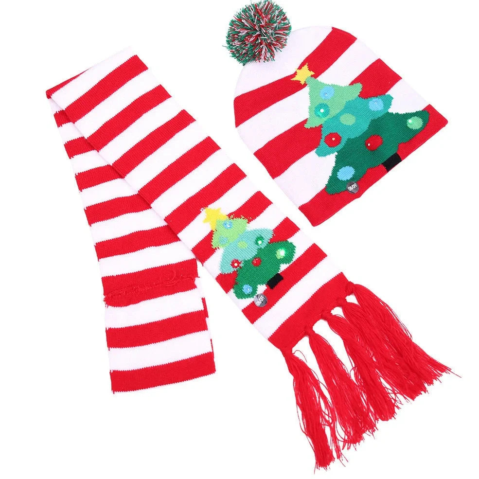 Christmas LED knitted hat with built-in lights showing flexible sizing and integrated illumination system