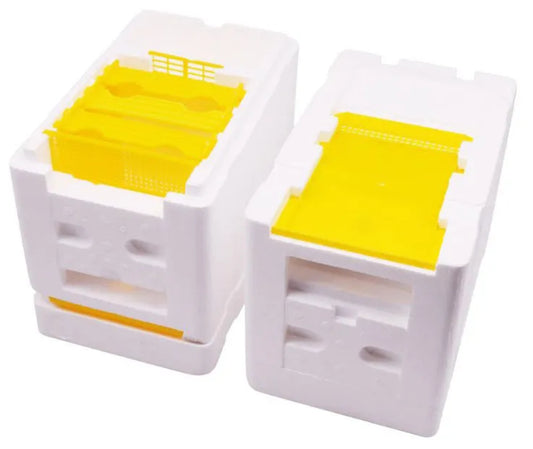 Three white EPS foam mini delivery boxes for bee breeding and transport operations