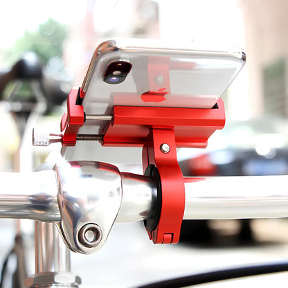 Black aluminium bicycle handlebar phone holder showing adjustable length and four-corner grip system