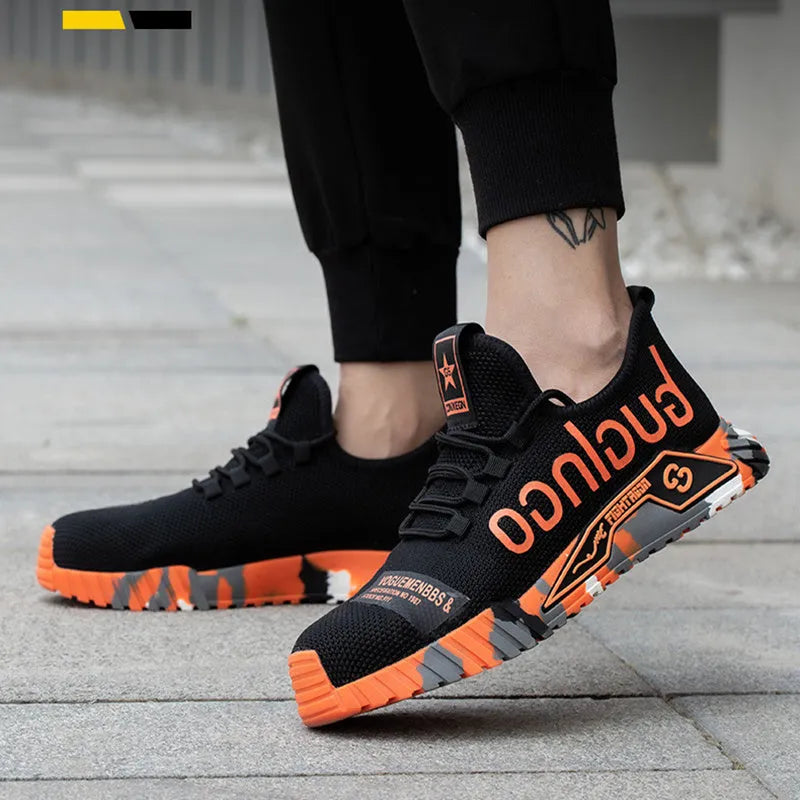 Steel toe work shoes for men with fly woven mesh upper and rubber sole, puncture proof, available in six colours