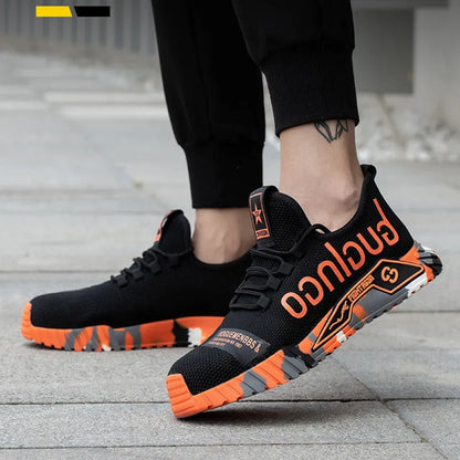 Steel toe work shoes for men with fly woven mesh upper and rubber sole, puncture proof, available in six colours