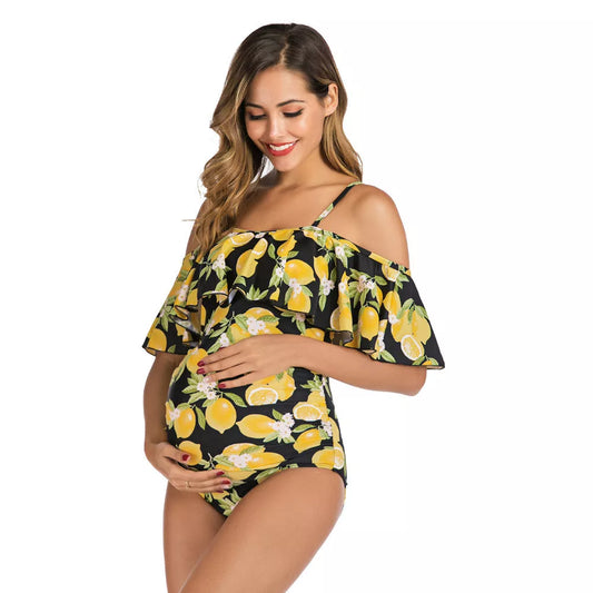 Lemon ruffled one-piece maternity swimsuit with chest pad for pregnancy support