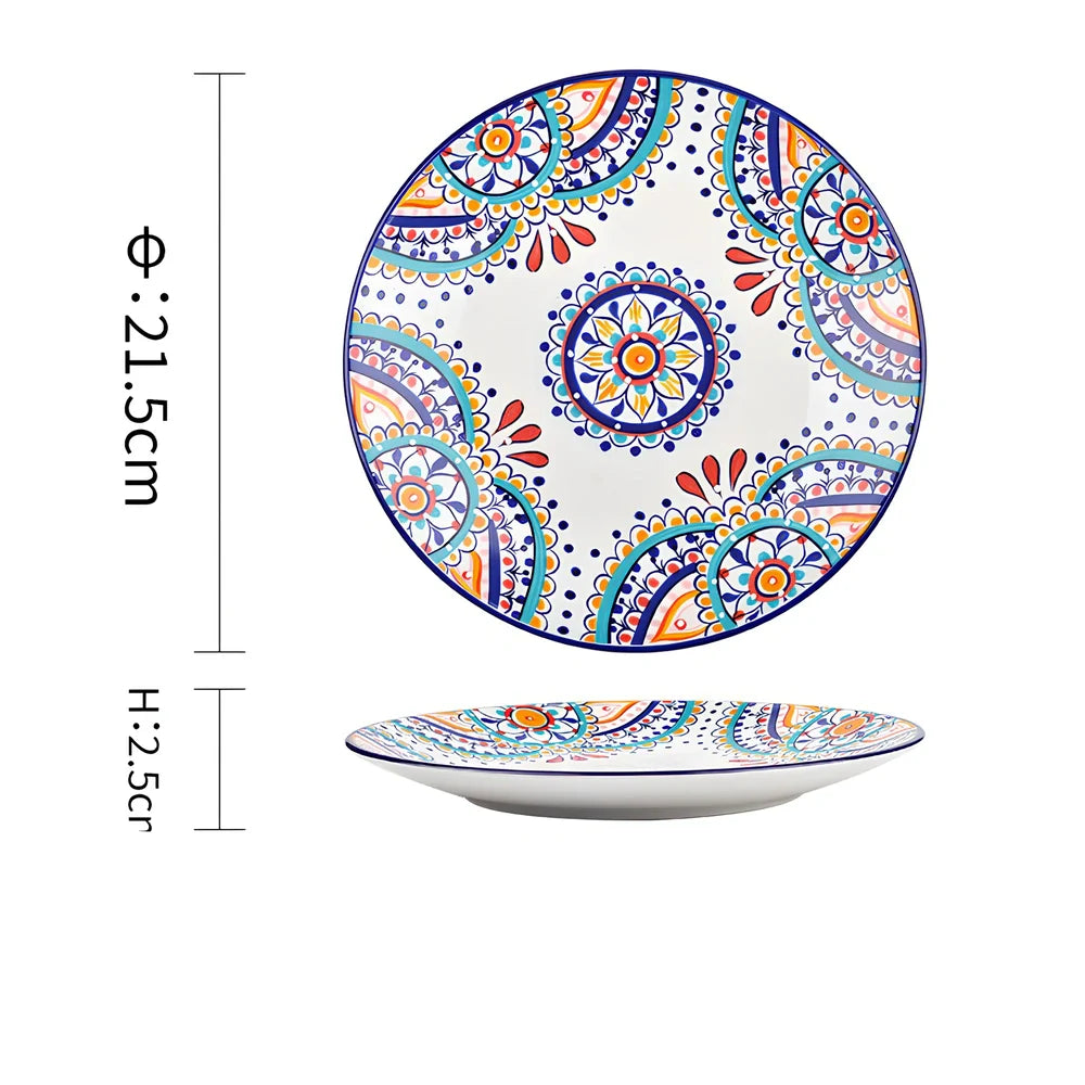 Underglaze ceramic bowl with Bohemian floral pattern in blue mandarin duck design, 8 inch diameter