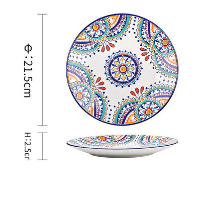 Underglaze ceramic bowl with Bohemian floral pattern in blue mandarin duck design, 8 inch diameter