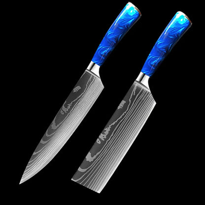 8-inch Chef Knife with vibrant blue resin handle, perfect for precision cutting in the kitchen.