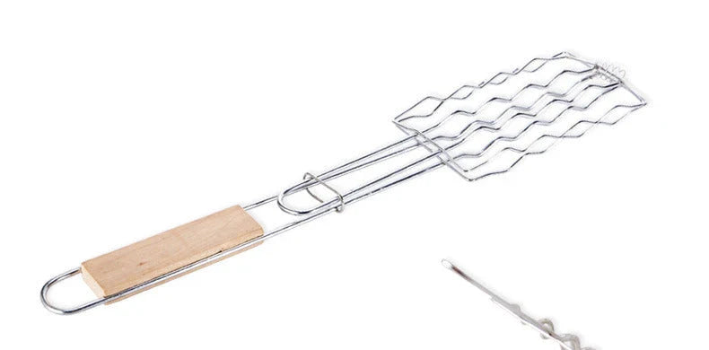 Outdoor grill accessories including sausage, vegetable, and meat clips with wooden handles for safe and convenient backyard barbecuing