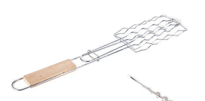 Outdoor grill accessories including sausage, vegetable, and meat clips with wooden handles for safe and convenient backyard barbecuing