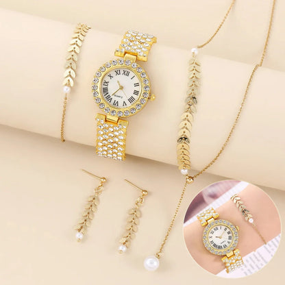 Luxury rhinestone quartz bracelet watch set for women in golden, silver, and rose gold options