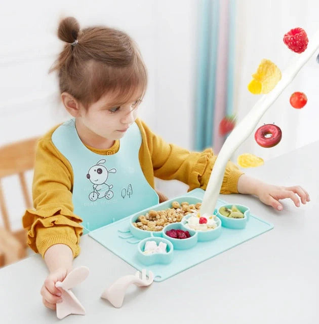 Baby silicone suction cup feeding bowl with 28cm diameter and strong suction base for secure mealtimes, available in six colour options including green crab and pink crab designs