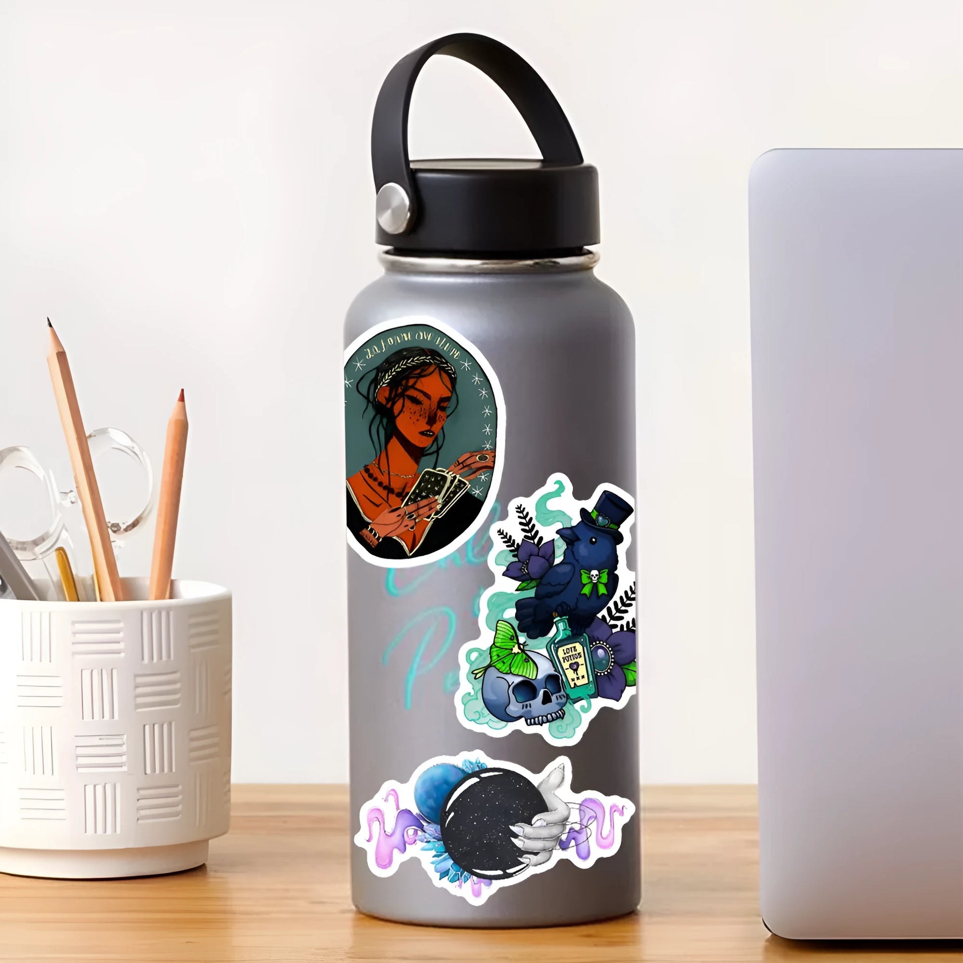 50 waterproof PVC stickers with glossy finish for laptops and skateboards measuring 3-8cm