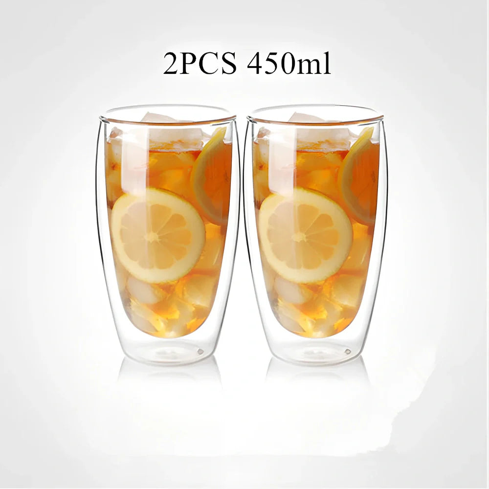 Clear double-layer glass coffee cup with Chinese-style design showing insulating air gap between walls