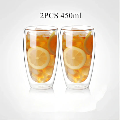 Clear double-layer glass coffee cup with Chinese-style design showing insulating air gap between walls