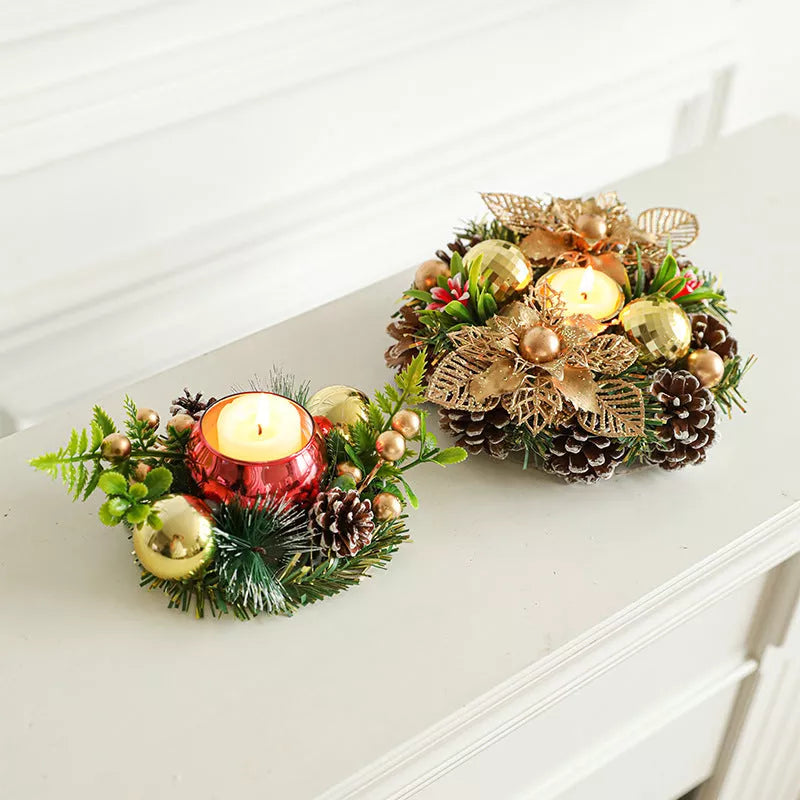 Christmas candlestick wreath with artificial pinecones and fake leaves for holiday decor