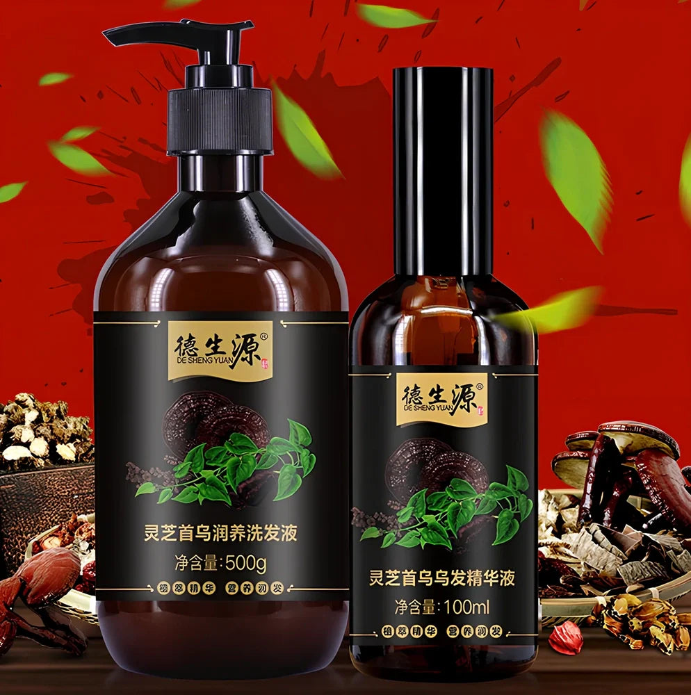 Black Polygonum shampoo bottle with herbal extracts for hair moisturisation and nutrition in 100ml or 200ml sizes