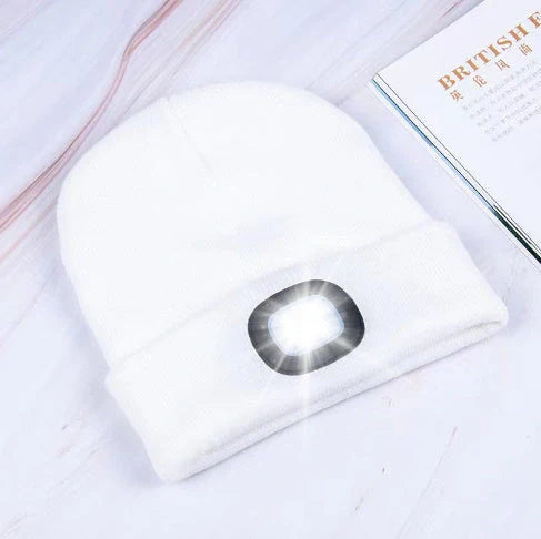 LED knit hat with glowing light for nighttime visibility and warmth