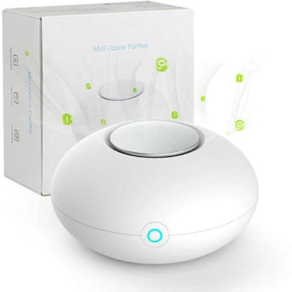Mini Ozone Generator Deodorizer Air Purifier in white, compact size for small spaces