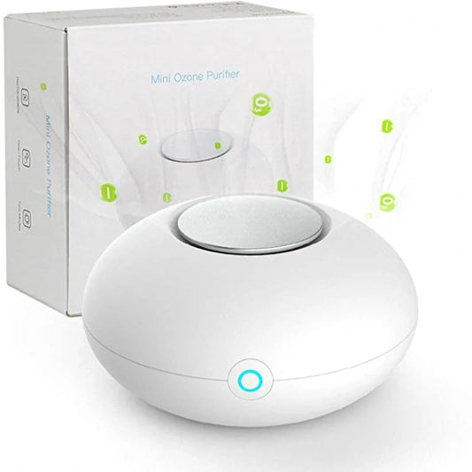 Mini Ozone Generator Deodorizer Air Purifier in white, compact size for small spaces
