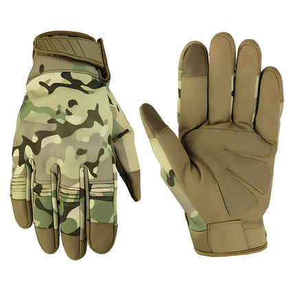 Outdoor tactical gloves with conductive fingertips and reinforced palm grip in camouflage pattern