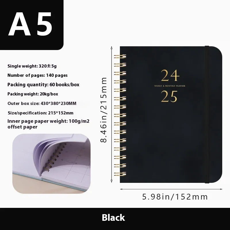 A5 size PU leather notebook with metal coil binding in a choice of colours including black, blue, and brown.
