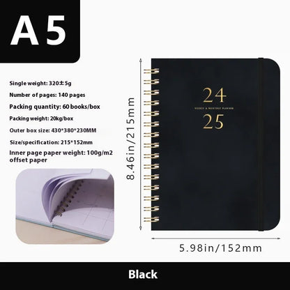 A5 size PU leather notebook with metal coil binding in a choice of colours including black, blue, and brown.
