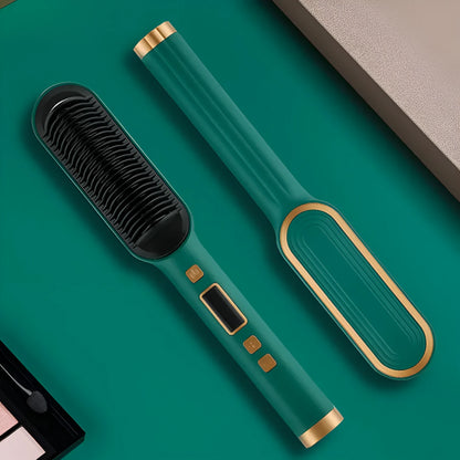 Display hair straightener and curler with ABS heater band, plug-in power, in black, white, red, green, or beige.