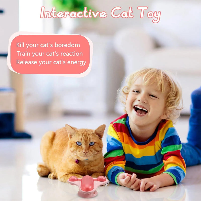 Interactive cat puzzle toy and slow feeder for indoor pets with bell, catnip, and snack cabin, suitable for cats, dogs, and bunnies, made from durable PET material with floor-mounting suction cups in blue, green, or pink.