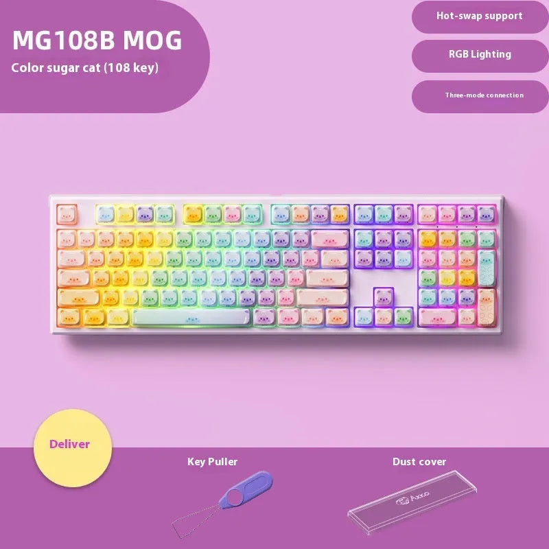 Coloured sugar cat themed Bluetooth mechanical keyboard with 108 keys on a desk.