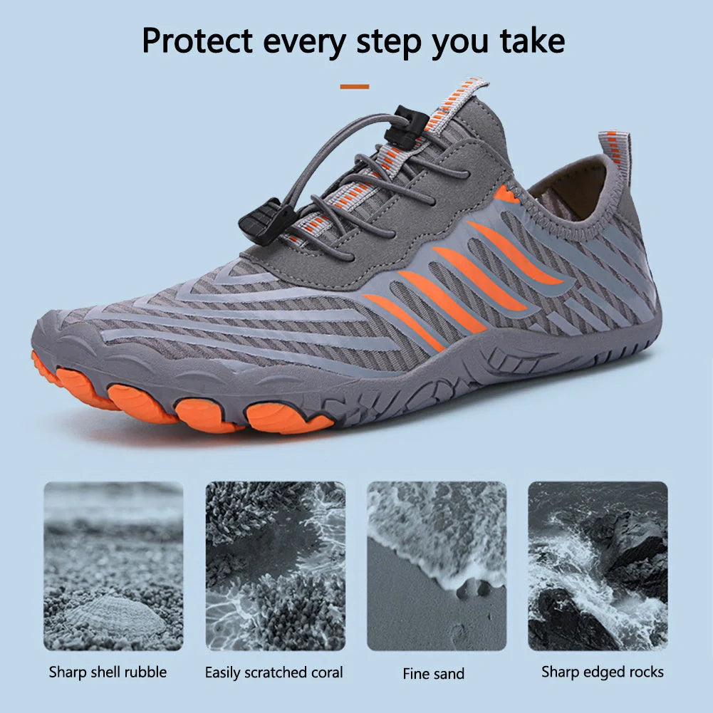 Leisure swimming wading shoes with non-slip rubber sole in grey, black, white, and moonlight colors