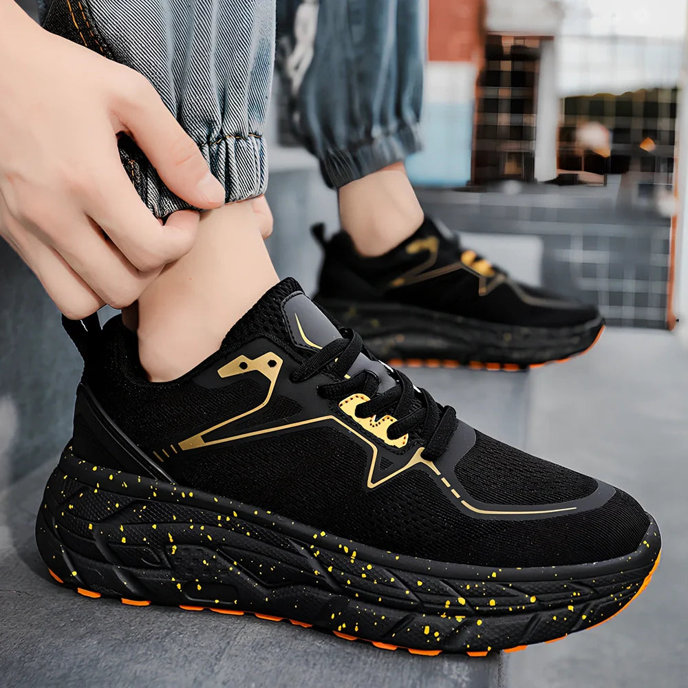 Men's and women's running shoes with mesh upper, EVA-rubber sole, slope heel design in white, black, red or yellow