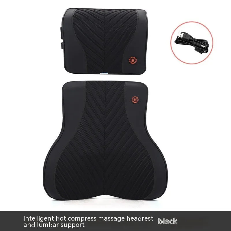 Black and orange electric massage heating car headrest and lumbar support cushion on a vehicle seat.