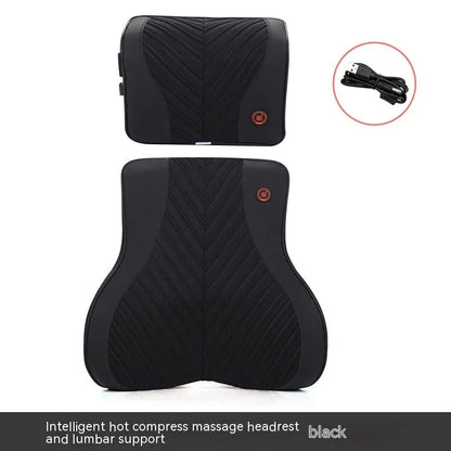 Black and orange electric massage heating car headrest and lumbar support cushion on a vehicle seat.