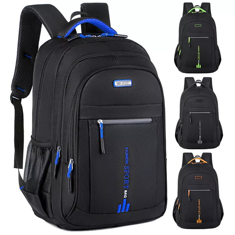 Men's large capacity nylon computer backpack with air pillow belt in green, blue, black, or orange