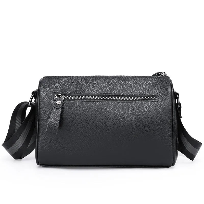 Black genuine leather one-shoulder crossbody bag with dimensions 24cm wide by 16cm high.