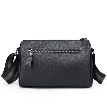 Black genuine leather one-shoulder crossbody bag with dimensions 24cm wide by 16cm high.