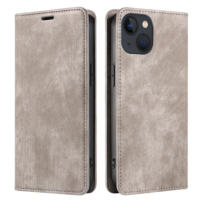 Magnetic flip phone case cover in seven colours for iPhone models with TPU and leather construction