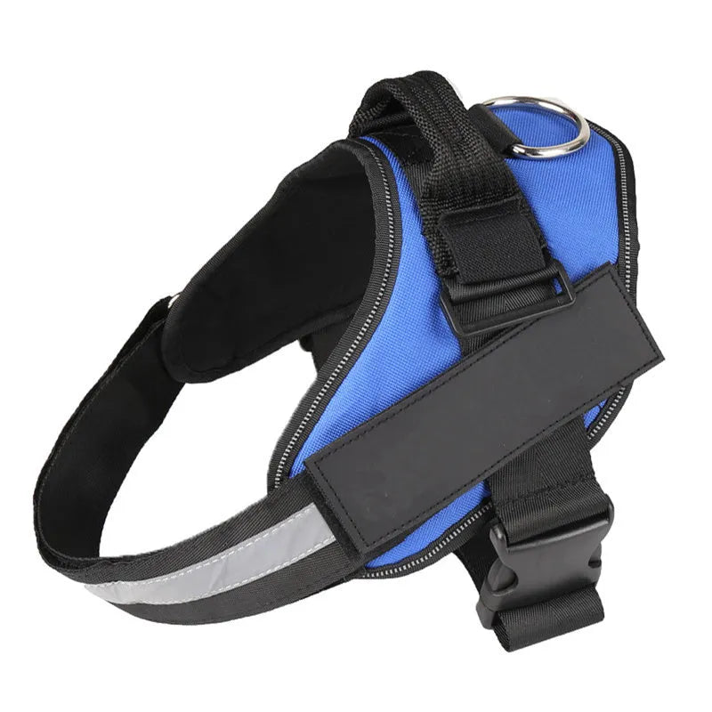 A reflective adjustable no-pull dog harness in nylon, shown on a dog, with a sturdy handle and D-ring for leash attachment.